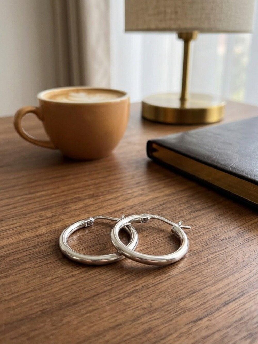 Sterling Silver Hoop Earrings 14mm Small Classic Round Tube Hoops White Gold